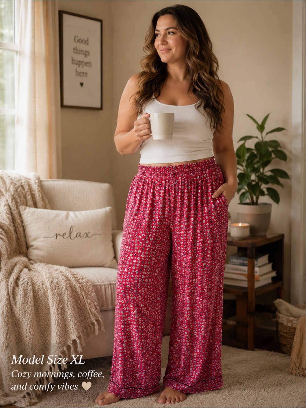 Aerie Size XL Red Floral Wide Leg Pants Loungewear Cozy Stretch Y2K Leisure